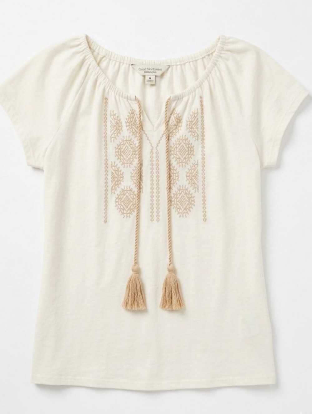 100% Cotton Great Northwest Clothing Company White Embroidered Tie-Front Top (M)